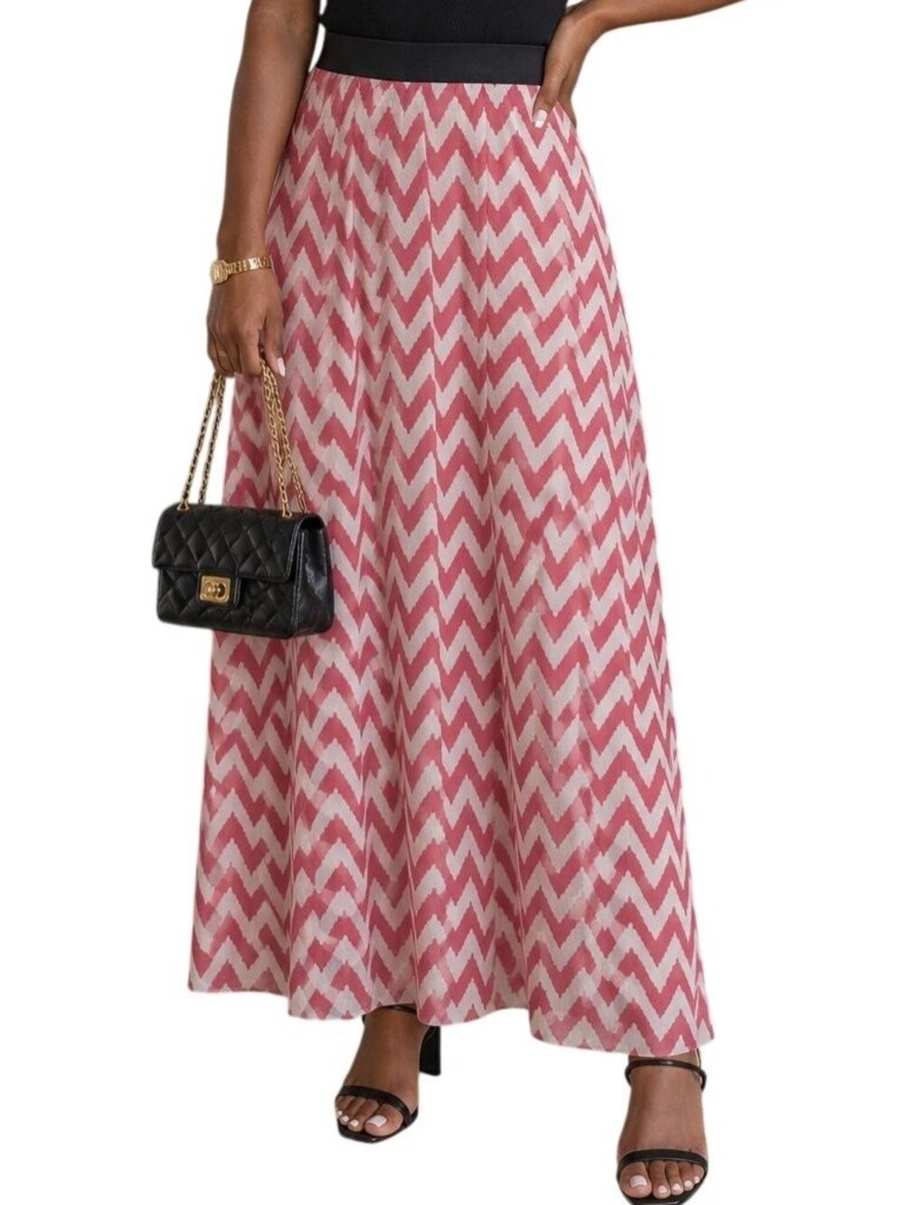 LuLaRoe Size XS Skirt Chevron Maxi Elastic Waist Pink White Lightweight Bold USA